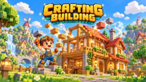Crafting Building: a builder with a hammer next to a half-built wooden and brick house in a blocky village