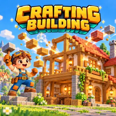 Crafting Building: a builder with a hammer next to a half-built wooden and brick house in a blocky village