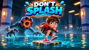 Don't Splash game: a boy balancing on a platform in a dark pool while a blind water monster rises behind him