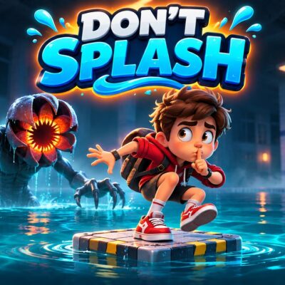 Don't Splash game: a boy balancing on a platform in a dark pool while a blind water monster rises behind him