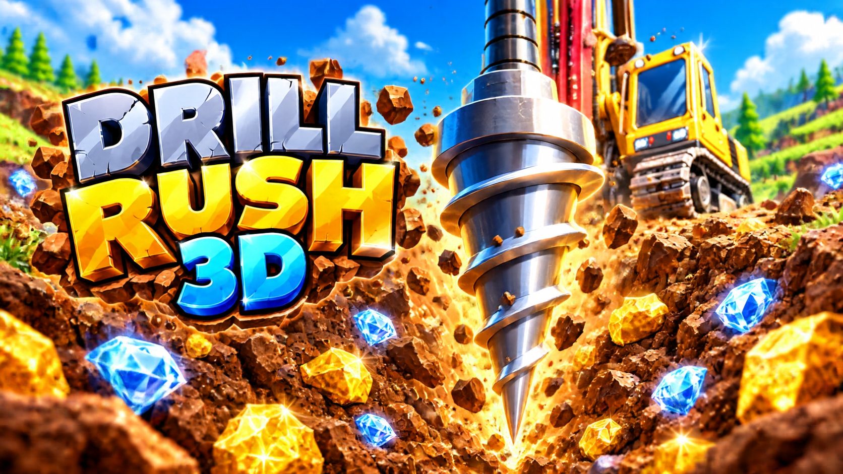 Drill Rush 3D: a giant drill digging through dirt full of gold and diamonds