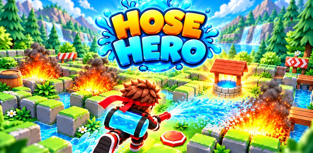 Hose Hero gameplay: spraying water on a fire in a maze of grass blocks