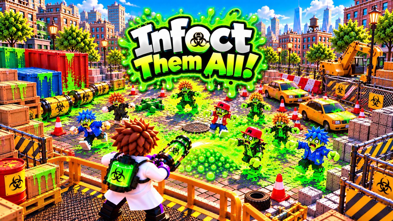 Infect Them All! green slime zombies spreading through a 3D city street
