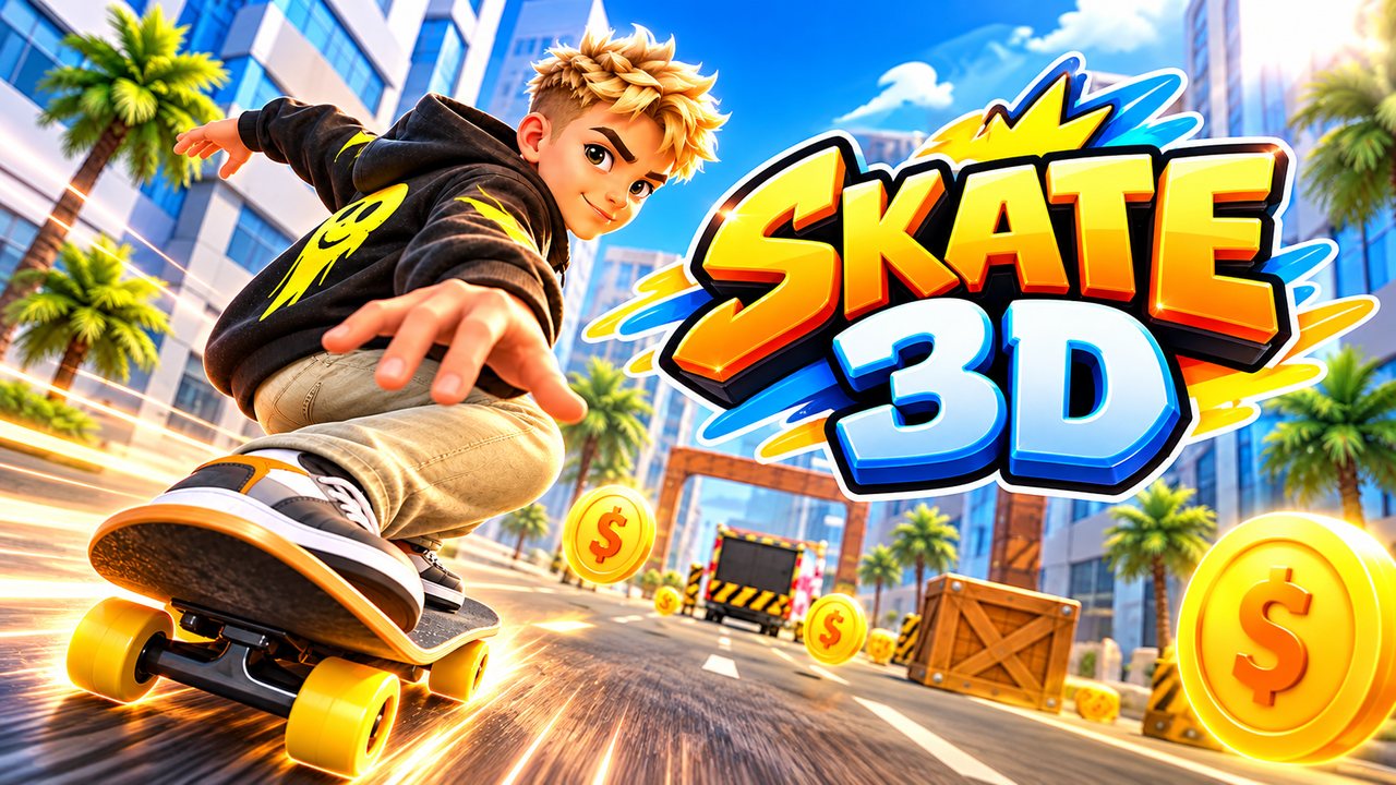 Skate 3D: a skateboarder riding down a city road and collecting coins