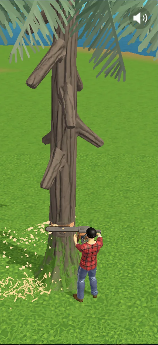 Build My House job round: cutting down a tree with a chainsaw